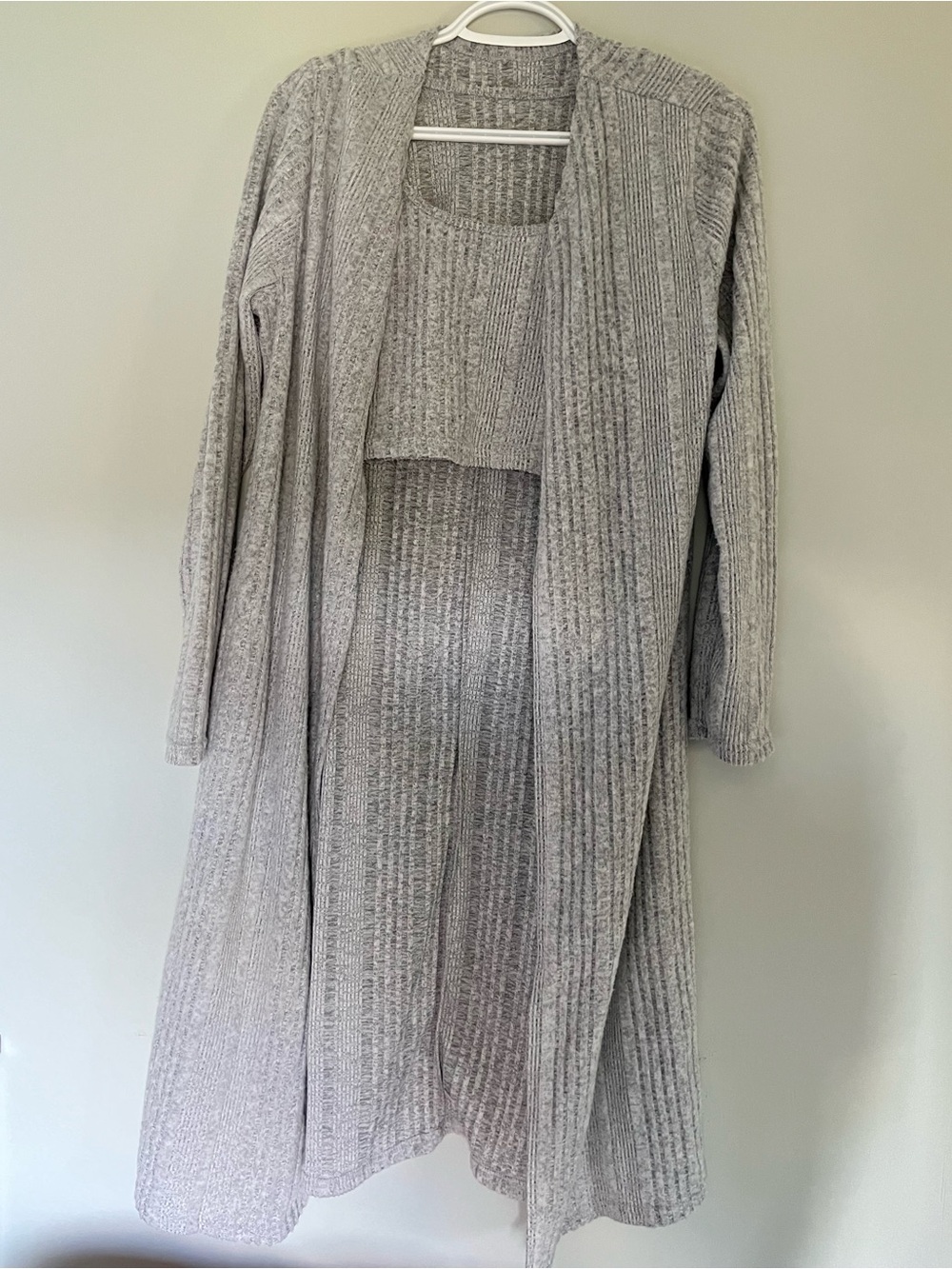 Matching Ribbed Knit Duster lounge set in Light Gray